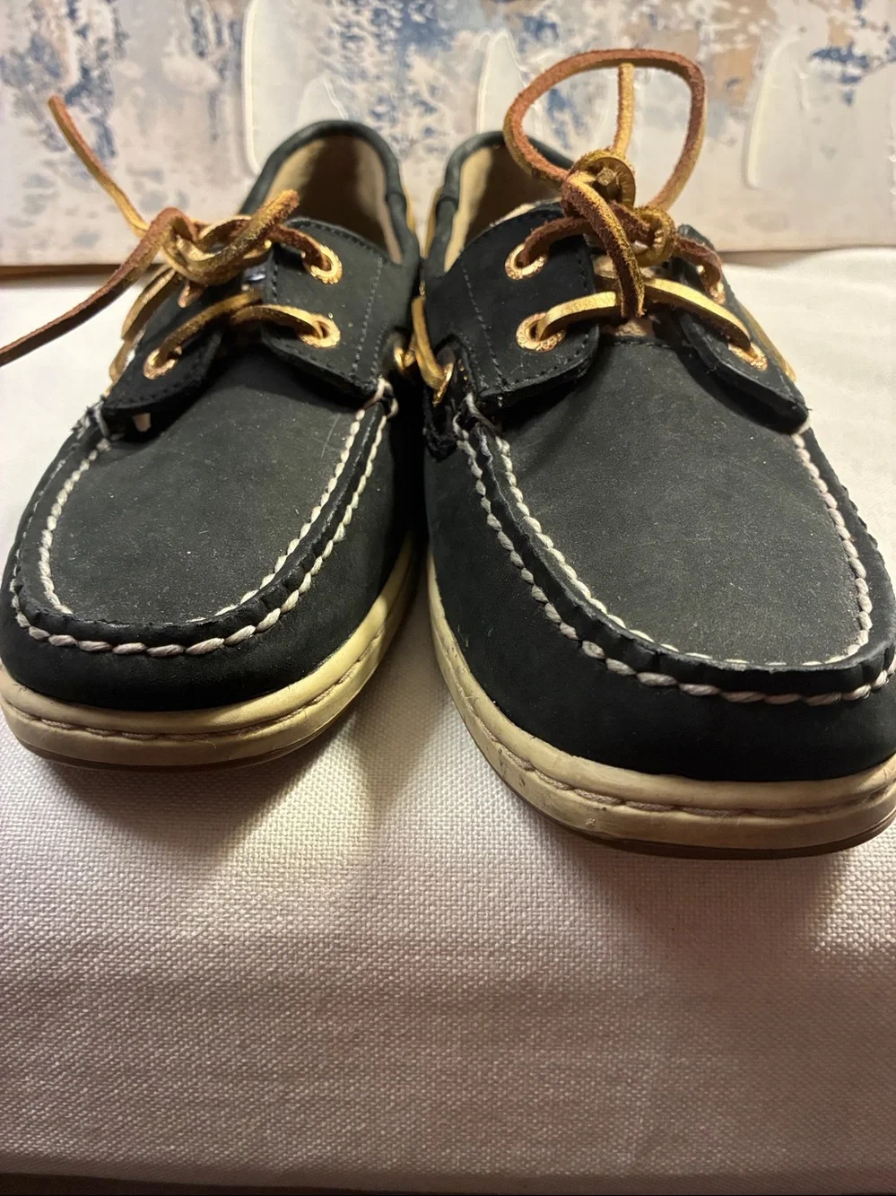 Genuine Sperry Black Leather Boat Shoes with Leopard Accent - Women’s Size 7.5